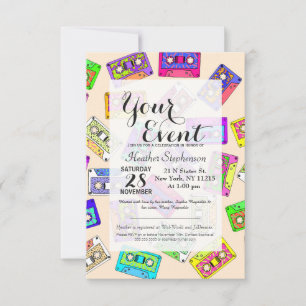 Retro 80's 90's Neon Patterned Cassette Tapes Invitation