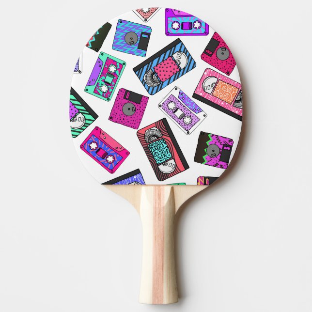 Retro 80's 90's Neon Patterned Cassette Tapes Ping Pong Paddle (Front)