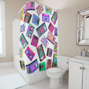 Retro 80's 90's Neon Patterned Cassette Tapes Shower Curtain
