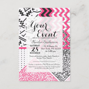 Retro 80's 90's Neon Pink Black White Scribbles Invitation