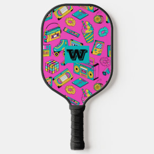 Retro 80s 90s Neon Pink Colorful Pattern Monogram Pickleball Paddle