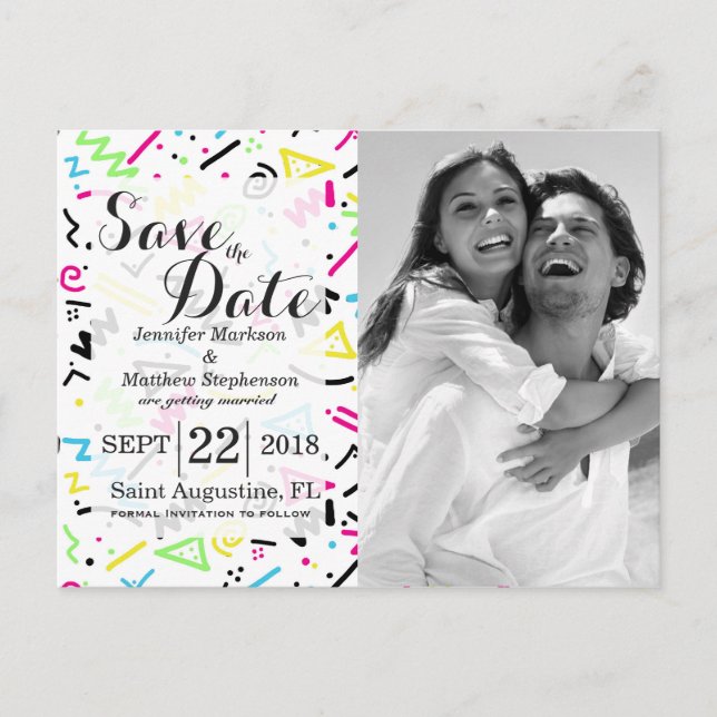 Retro 80's 90's Neon Pink Green Blue Yellow Doodle Announcement Postcard (Front)