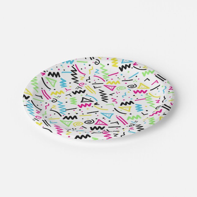Retro 80's 90's Neon Pink Green Blue Yellow Doodle Paper Plate (Angled)