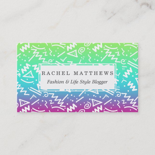 Retro 80's 90's Neon Rainbow Sketched Doodle Business Card (Front)