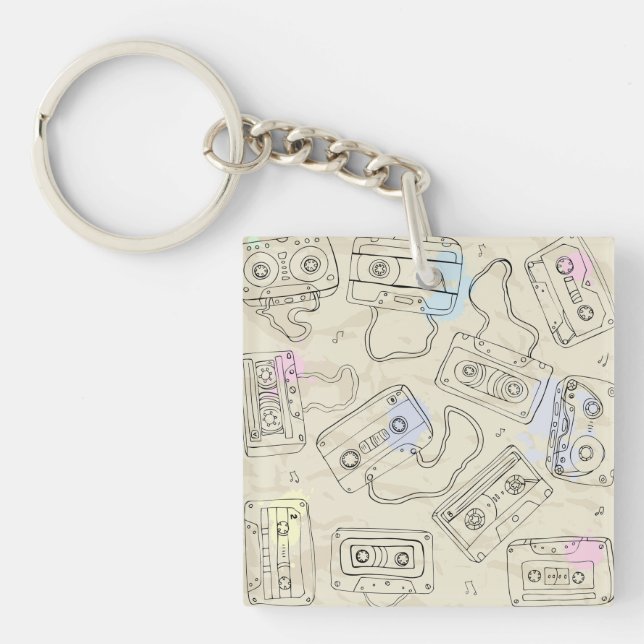 Retro 80s 90s Nostalgic Cassette Mix Tape Pattern Key Ring (Front)