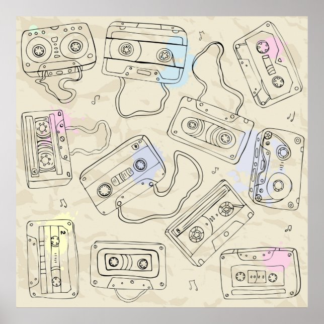 Retro 80s 90s Nostalgic Cassette Mix Tape Pattern Poster (Front)