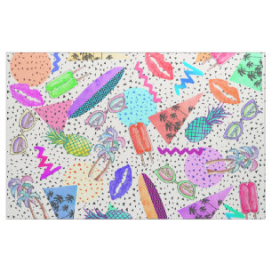 Retro 80's 90's Summer Beach Collage Pattern Fabric