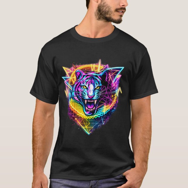 Retro 80S 90S Tiger With Geometric Synthwave T-Shirt (Front)