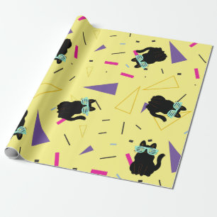Retro 80s Black Cat Neon Geometric Wrapping Paper