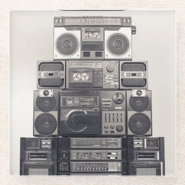 Retro 80s Cassette Recorders Pattern. Glass Coaster (Front)