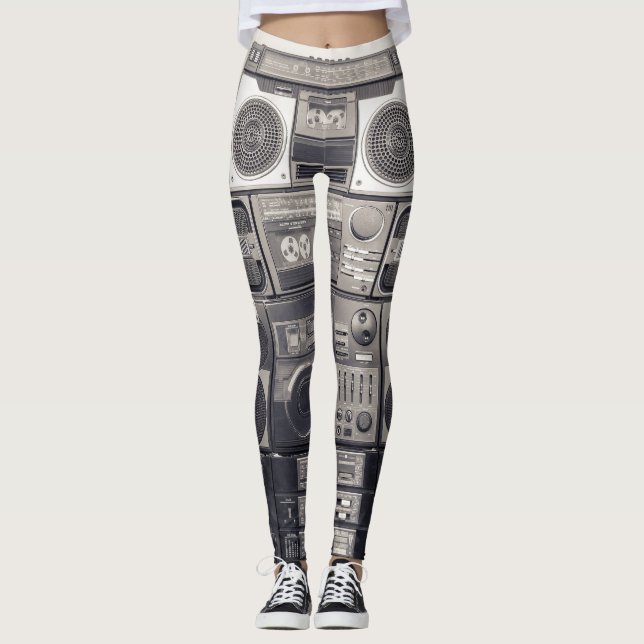 Retro 80s Cassette Recorders Pattern. Leggings (Front)