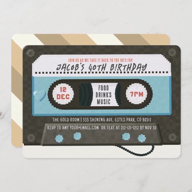 Retro 80's Cassette Tape Music Blue Birthday Invitation (Front/Back)