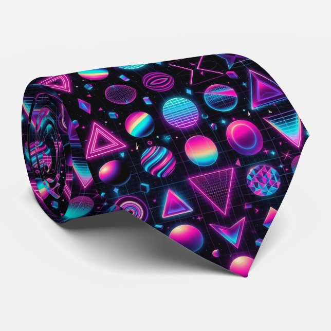 Retro 80s Funky Shapes Neon Neck Tie (Rolled)