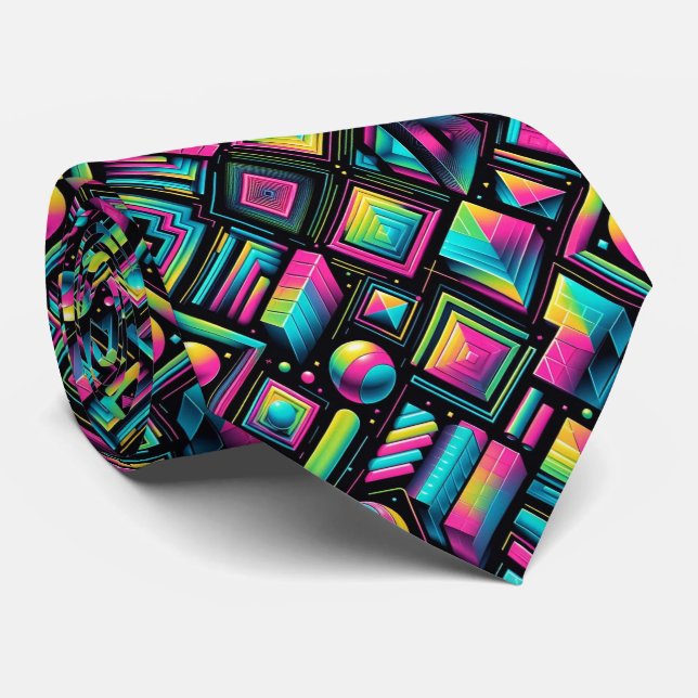 Retro 80s Funky Shapes Neon Neck Tie (Rolled)
