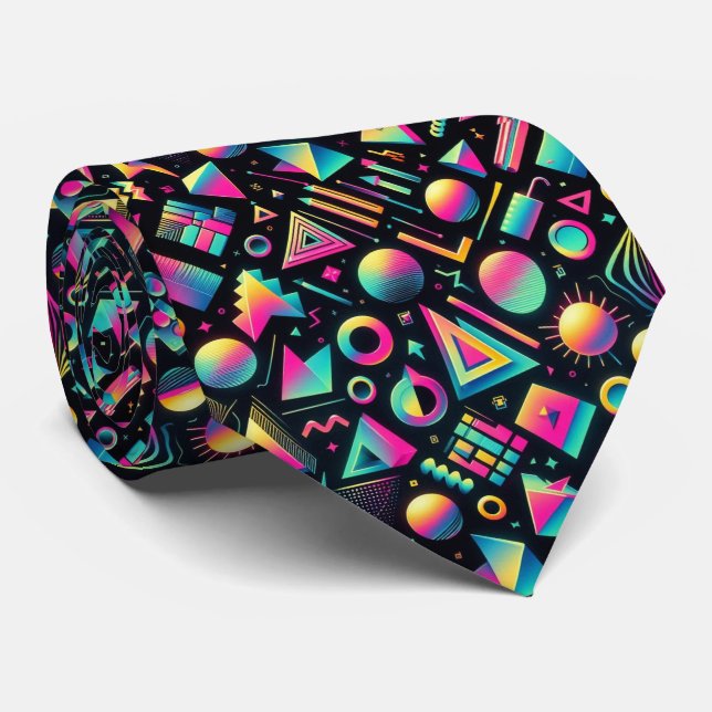 Retro 80s Funky Shapes Neon Neck Tie (Rolled)