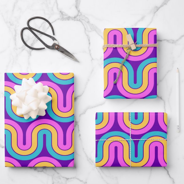 Retro 80s Geometric Gradient Wave Design Wrapping Paper Sheet (Front)