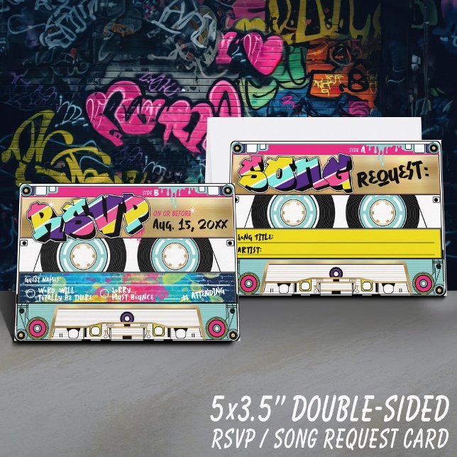 Retro 80's Hip Hop Gold Cassette Tape Wedding RSVP (Fun retro colorful graffiti 80's theme gold record label wedding invitation rsvp cassette tape card)