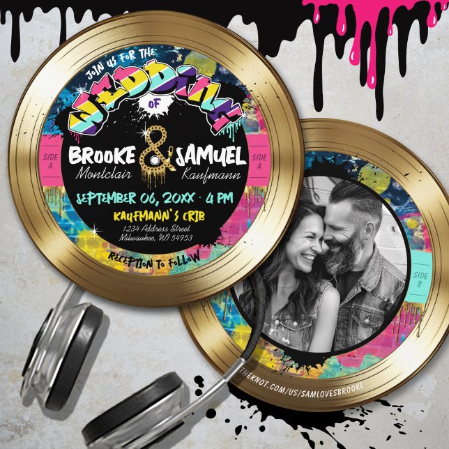 Retro 80's Hip Hop Gold Vinyl Record Photo Wedding Invitation (Fun, unique, retro 80's hip hop gold vinyl record round  wedding invitation colorful drips graffiti)