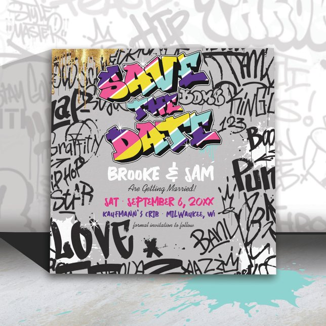 Retro 80's Hip Hop Graffiti Wedding Save The Date (Fun colorful retro vintage 80's hip hop graffiti gold record wedding invitation suite save the date)