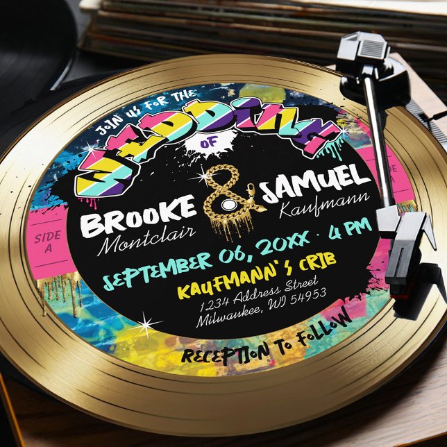 Retro 80's Hip Hop Photo Gold Record Album Wedding Invitation (Fun unique colorful retro vintage 80's hip hop vinyl gold record round circle wedding invitation)