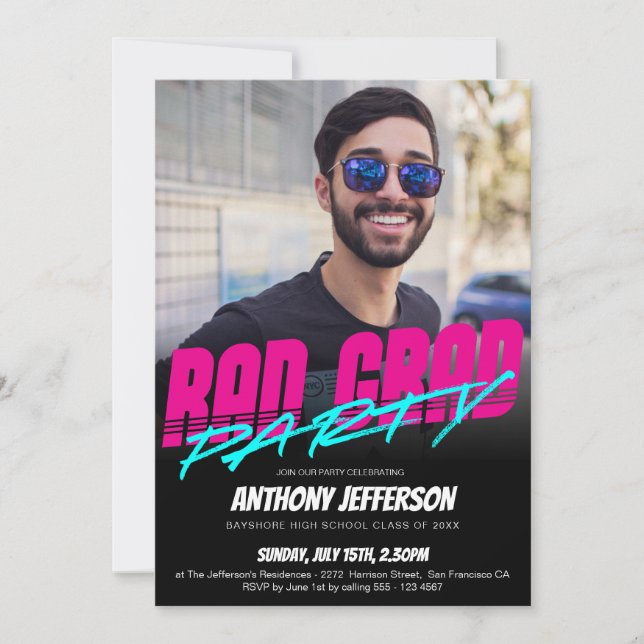 Retro 80s Neon Fun Rad Grad Graduation Custom Invitation (Front)
