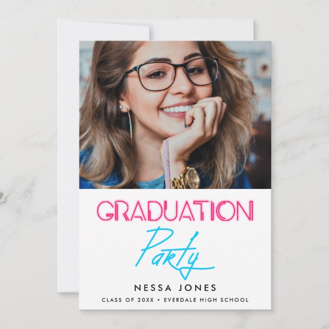 Retro 80s neon lights graduation party photo announcement (Front)