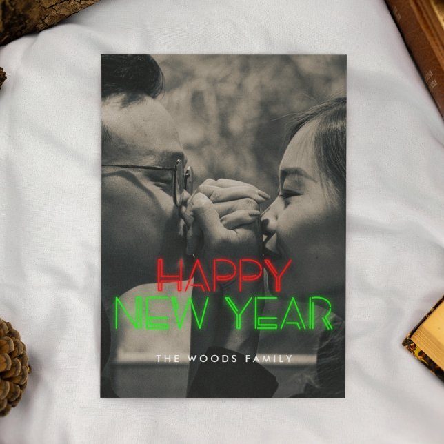 Retro 80s Neon lights Happy New Year photo Holiday Card (Creator Uploaded)