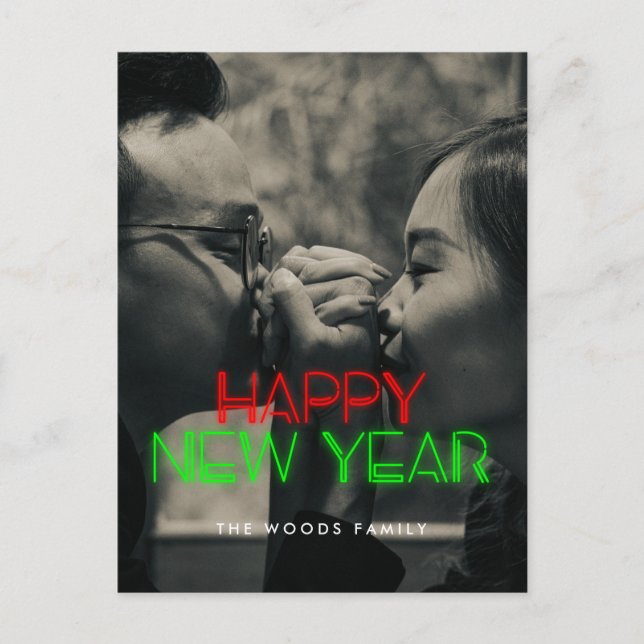 Retro 80s Neon lights Happy New Year photo Holiday Postcard (Front)