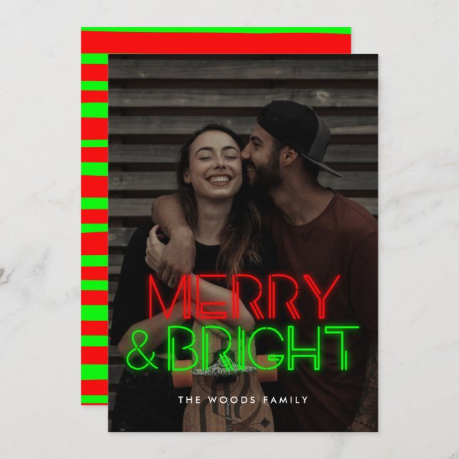 Retro 80s Neon Lights Merry & Bright Photo Holiday Card (Front/Back)