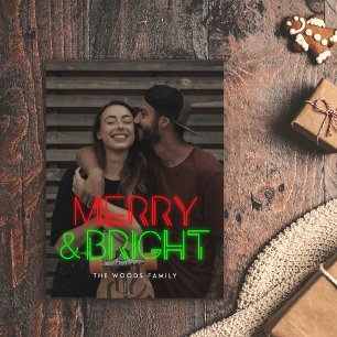 Retro 80s Neon lights Merry & Bright photo Holiday Postcard