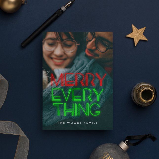 Retro 80s Neon Lights Merry Everything Photo Holiday Card (Creator Uploaded)