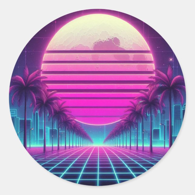 retro, 80s neon moon/palms classic round sticker (Front)