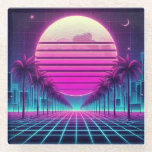 retro, 80s neon moon/palms glass coaster