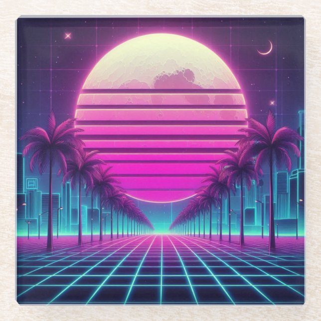retro, 80s neon moon/palms glass coaster (Front)