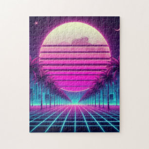 retro, 80s neon moon/palms jigsaw puzzle