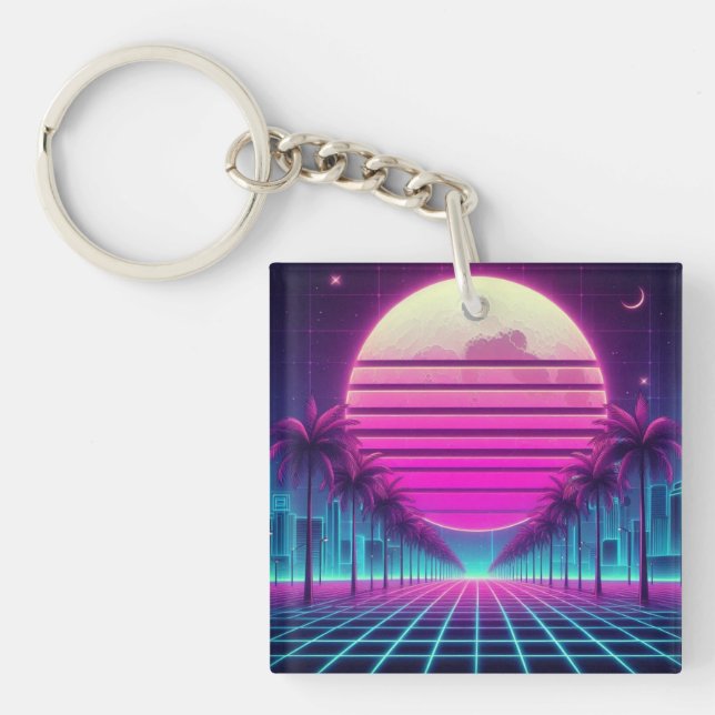 retro, 80s neon moon/palms key ring (Front)