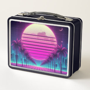 retro, 80s neon moon/palms metal lunch box