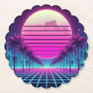 retro, 80s neon moon/palms paper coaster