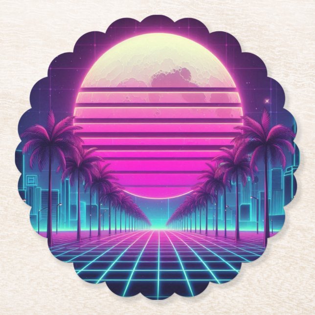 retro, 80s neon moon/palms paper coaster (Front)