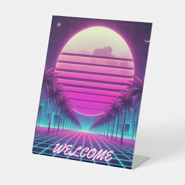 retro, 80s neon moon/palms pedestal sign (Front)