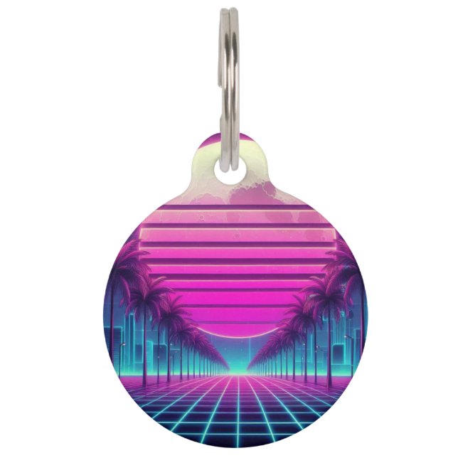 retro, 80s neon moon/palms pet tag (Front)