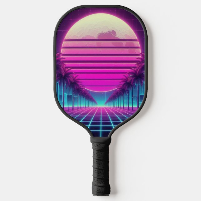 retro, 80s neon moon/palms pickleball paddle (Front)