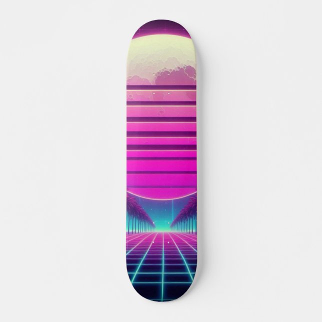 retro, 80s neon moon/palms skateboard (Front)