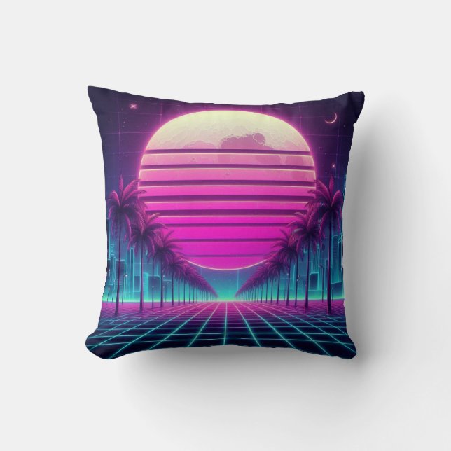 retro, 80s neon moon/palms/sunset cushion (Front)