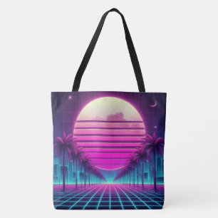 retro, 80s neon moon/palms tote bag
