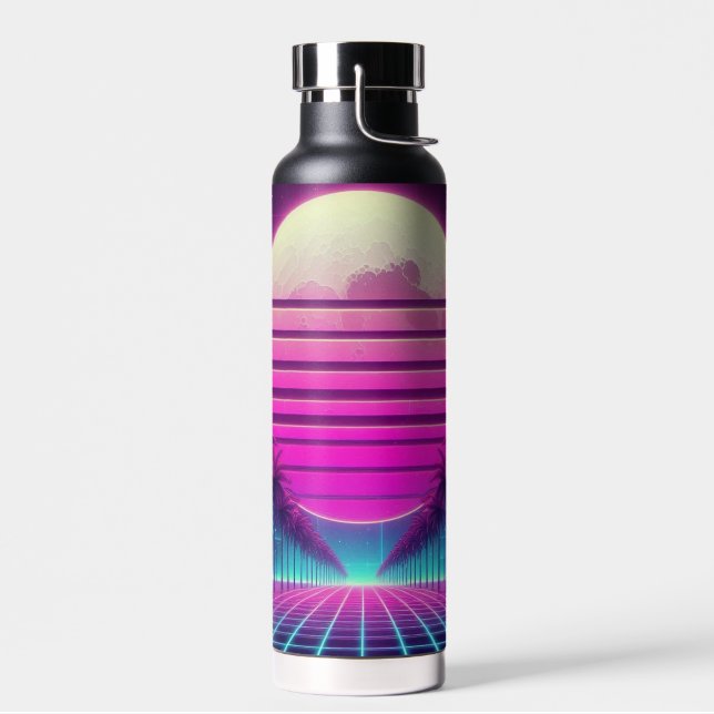 retro, 80s neon moon/palms water bottle (Left)