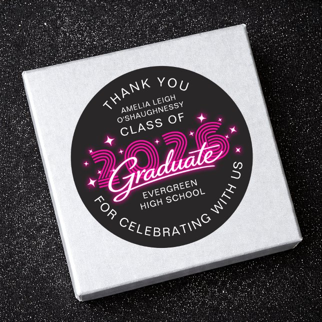 Retro 80s Neon Pink Graduation Thank You Classic Round Sticker (Creator Uploaded)