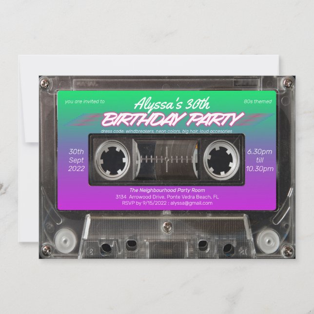 Retro 80s Neon Pink Green Cassette Birthday Party Invitation (Front)