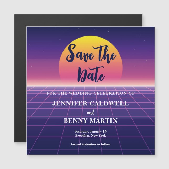 Retro 80s Neon Purple Save the Date Magnet Card (Front/Back)