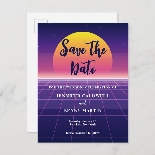 Retro 80s Neon Purple Synthwave Sunset Rock Star Announcement Postcard (Front/Back)